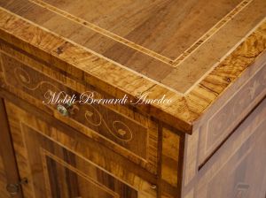 Handcrafted sideboard made of solid wood and richly inlaid in walnut and olive wood in neo-classical style